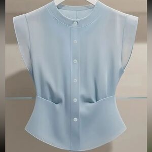 Solid Color Chiffon Button Down, Stand Up Collar Blouse